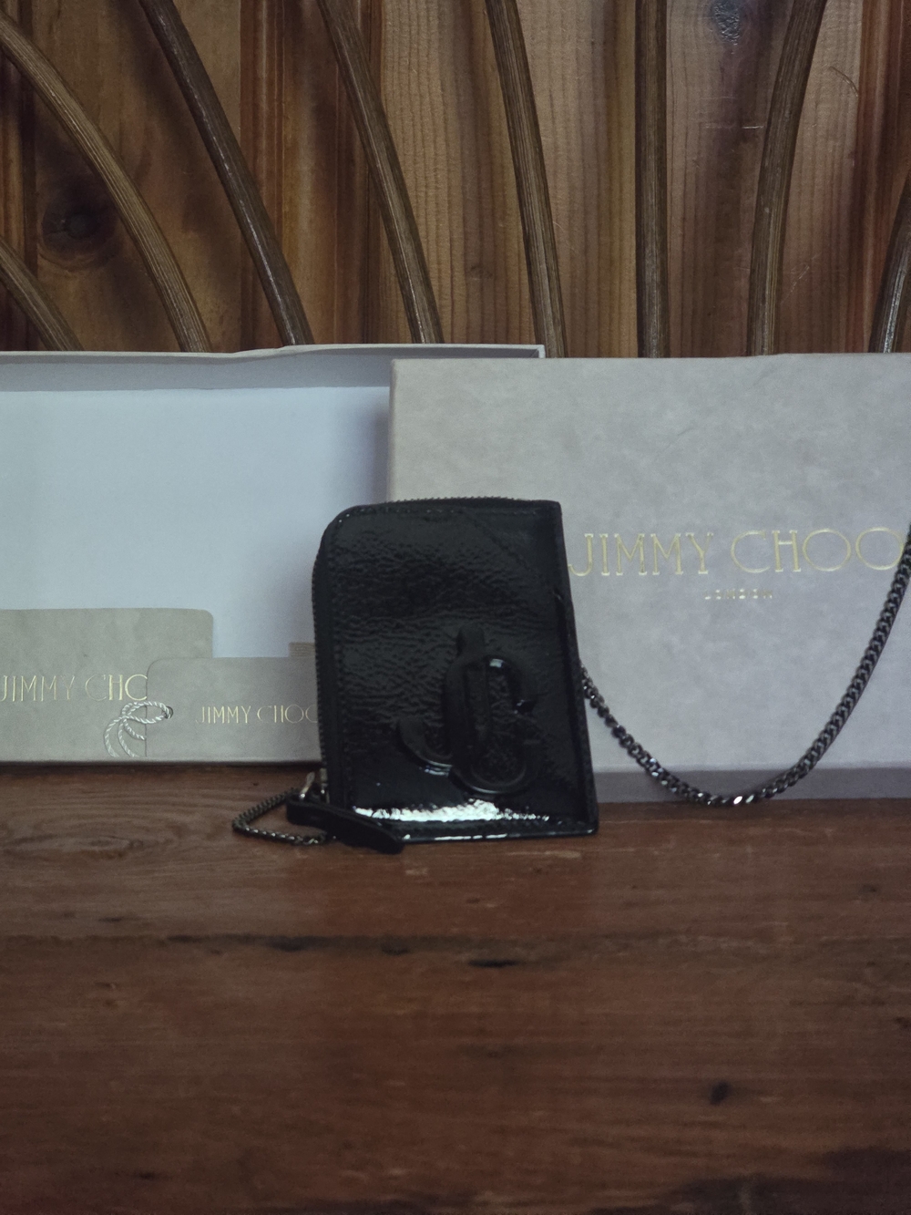 Jimmy Choo Black Patent Leather Card Case with Chain Detail